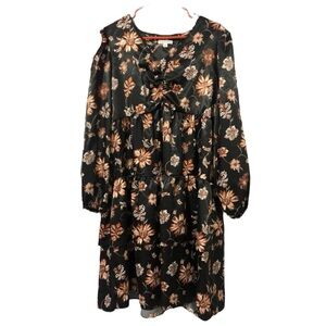 Ophelia Roe black and brown floral tiered long sleeve midi dress